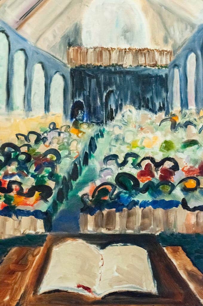 Colorful abstract painting of a Unitarian Universalist congregation from the perspective of the pulpit.