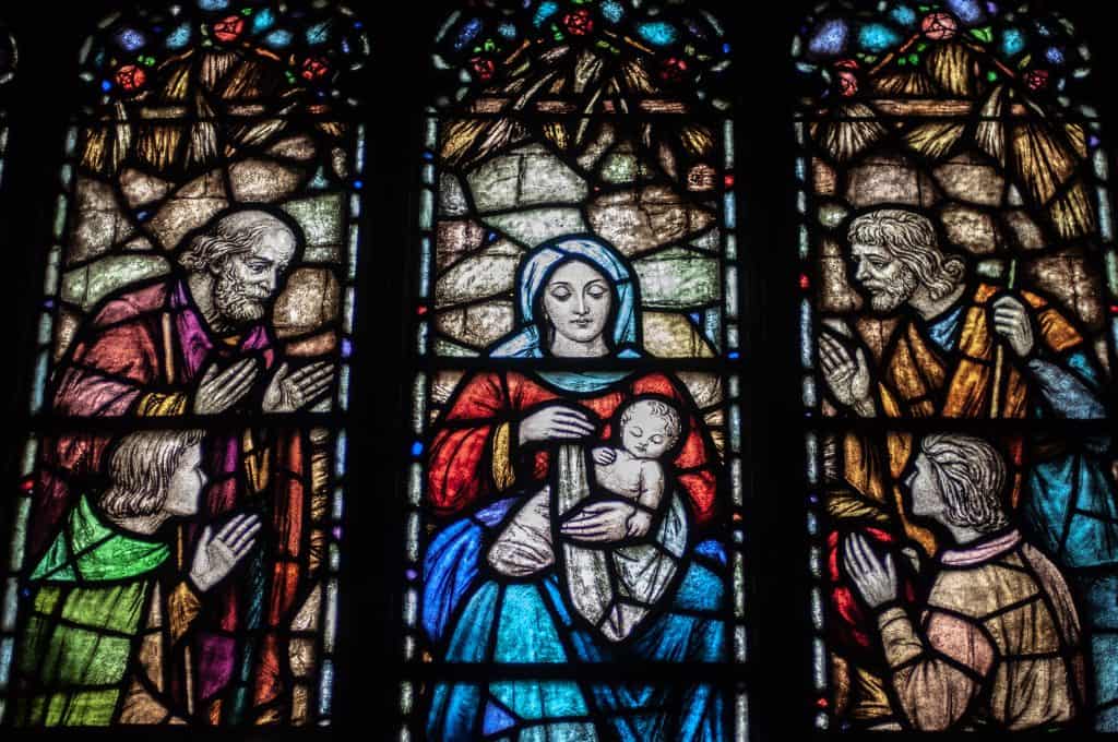 Stained glass window at alter at UU Wausau.