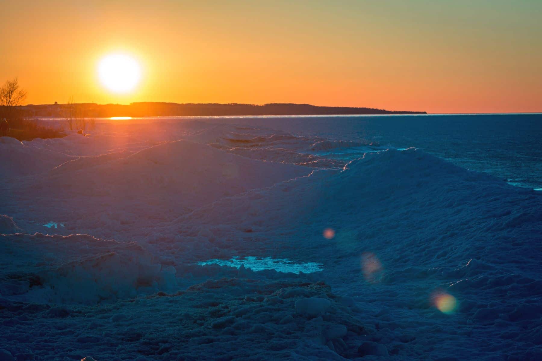 Lake Michigan at sunset in the winter.
