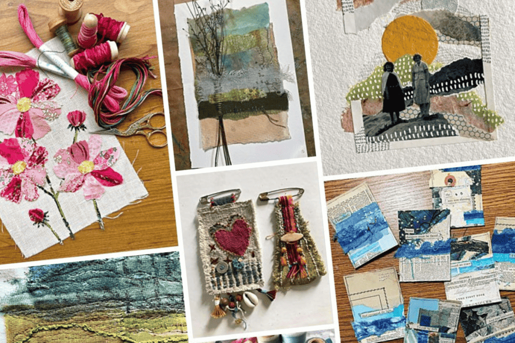A collage of slow stitch art projects.